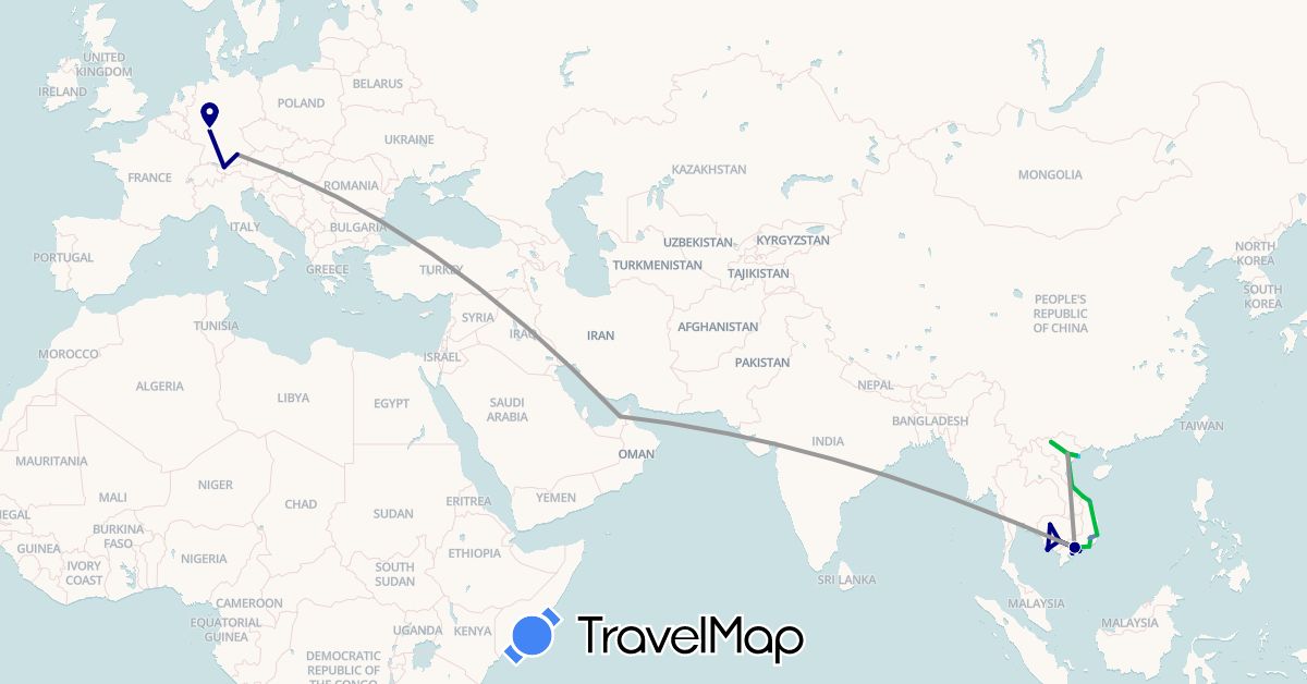 TravelMap itinerary: driving, bus, plane, cycling, hiking, boat in United Arab Emirates, Germany, Cambodia, Vietnam (Asia, Europe)
