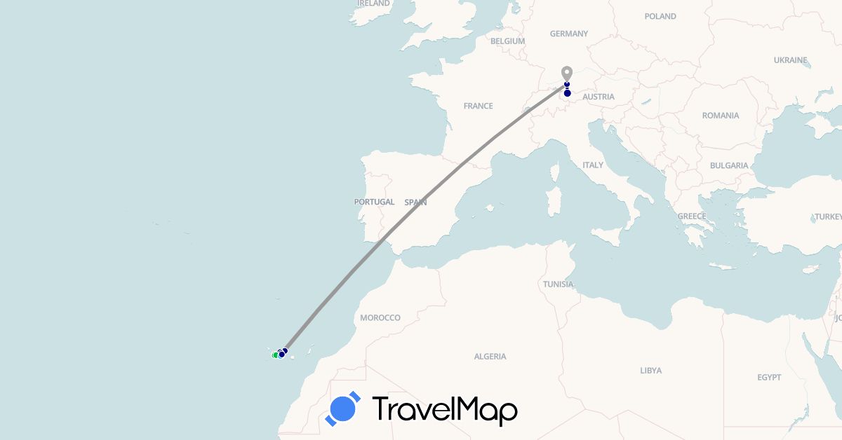 TravelMap itinerary: driving, bus, plane, boat in Germany, Spain (Europe)